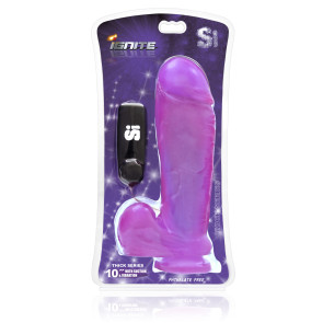 SI IGNITE Vibrating Thick Cock with Balls and Suction, 25 cm (10 in), Purple